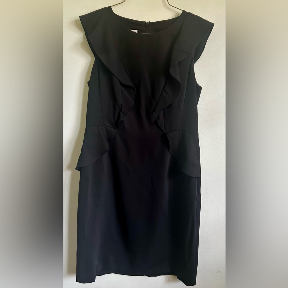 Anne Klein Black Sleeveless Sheath Dress with Side Ruffle Peplum - 10